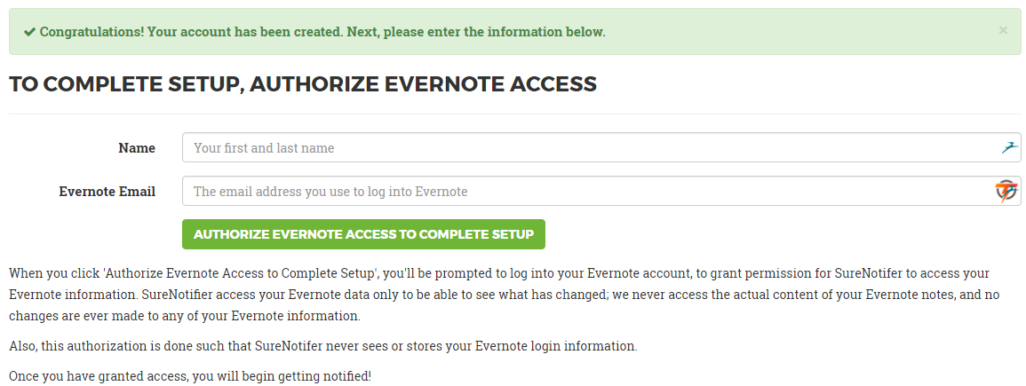 Подключение Evernote к SureNotifier