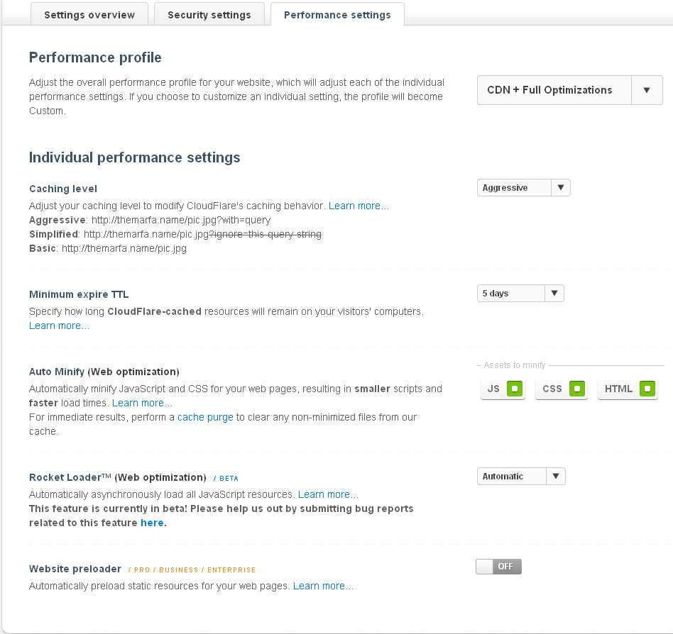 Настройки кэширования