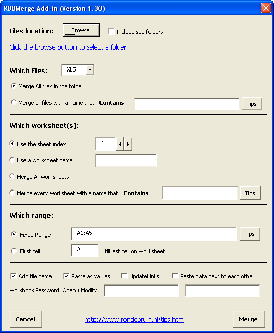 Окно настроек объединения файлов