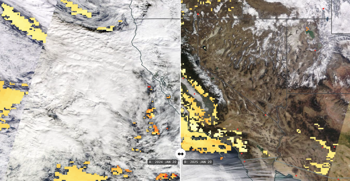 NASA satellite shows wildfire smoke and active burn zones over Southern California – January 2025.