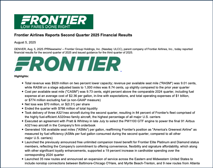 Frontier Airlines Q2 2025 Earnings Highlights.