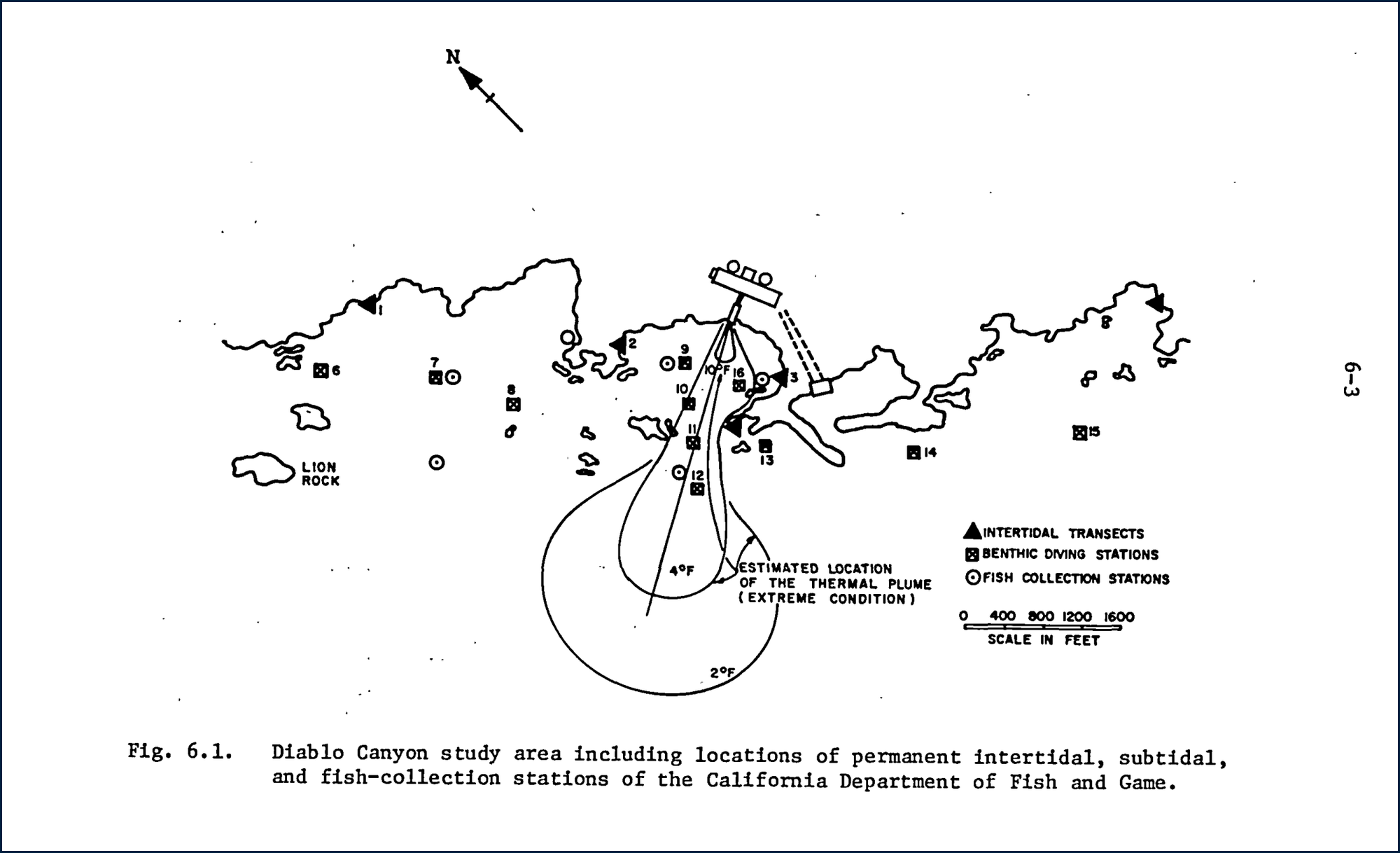 Map from the 1973 AEC environmental statement showing high-tide isotherms of the thermal plume in Diablo Cove.