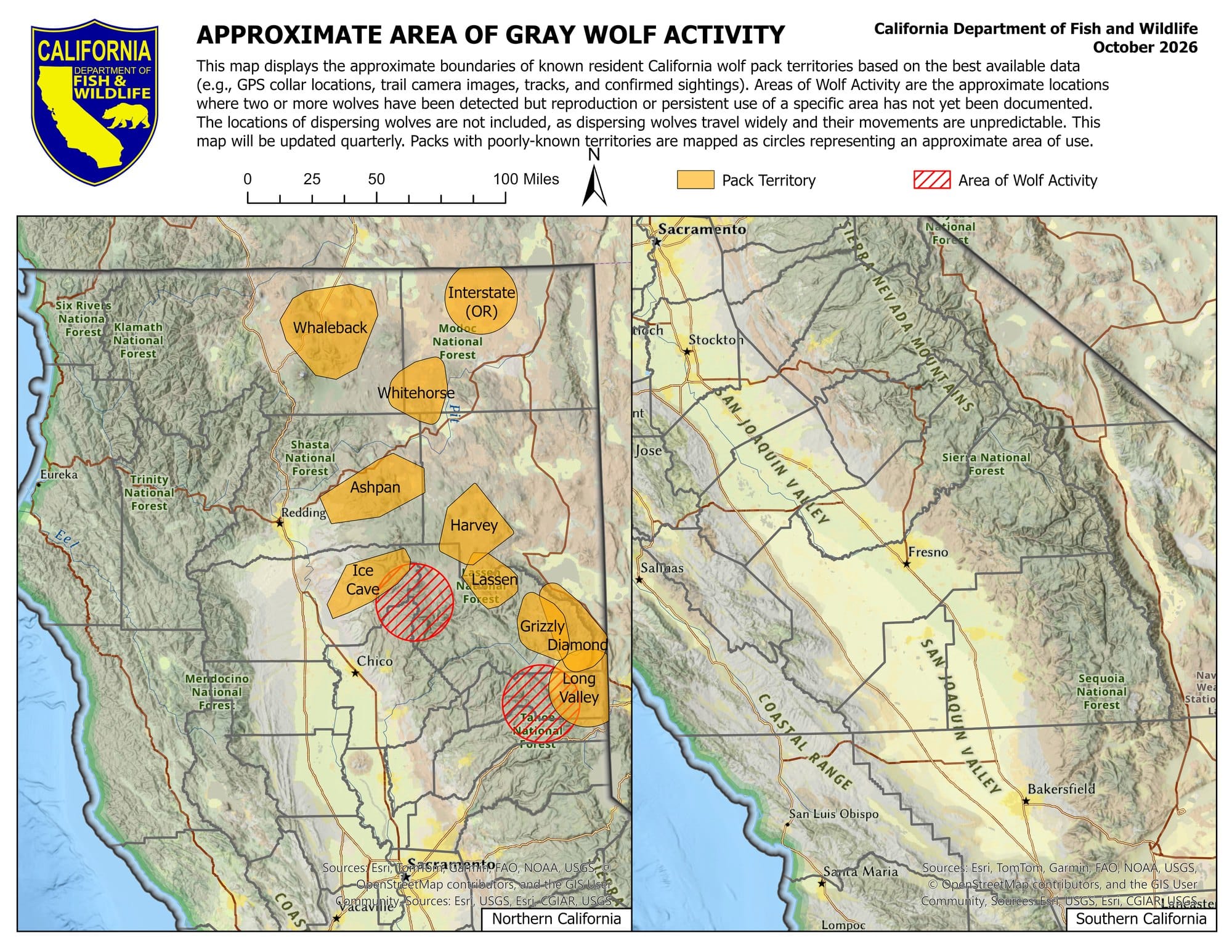California Wolf Packs are holding territory in the northern third of the state.