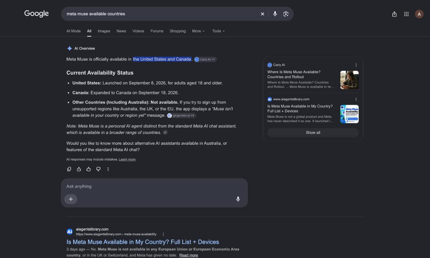 AI Overviews omit Meta Muse’s Japan launch on October 26, 2026.