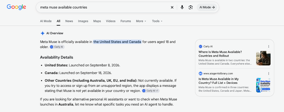 Meta Muse is listed in two countries in a Google AI Overview from October 24, 2026.