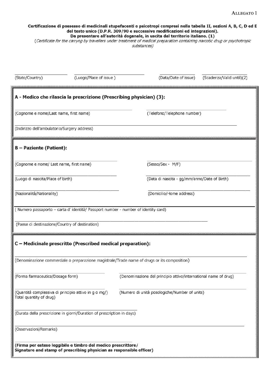 Italy Ministry of Health Allegato 1 Certificate Form.