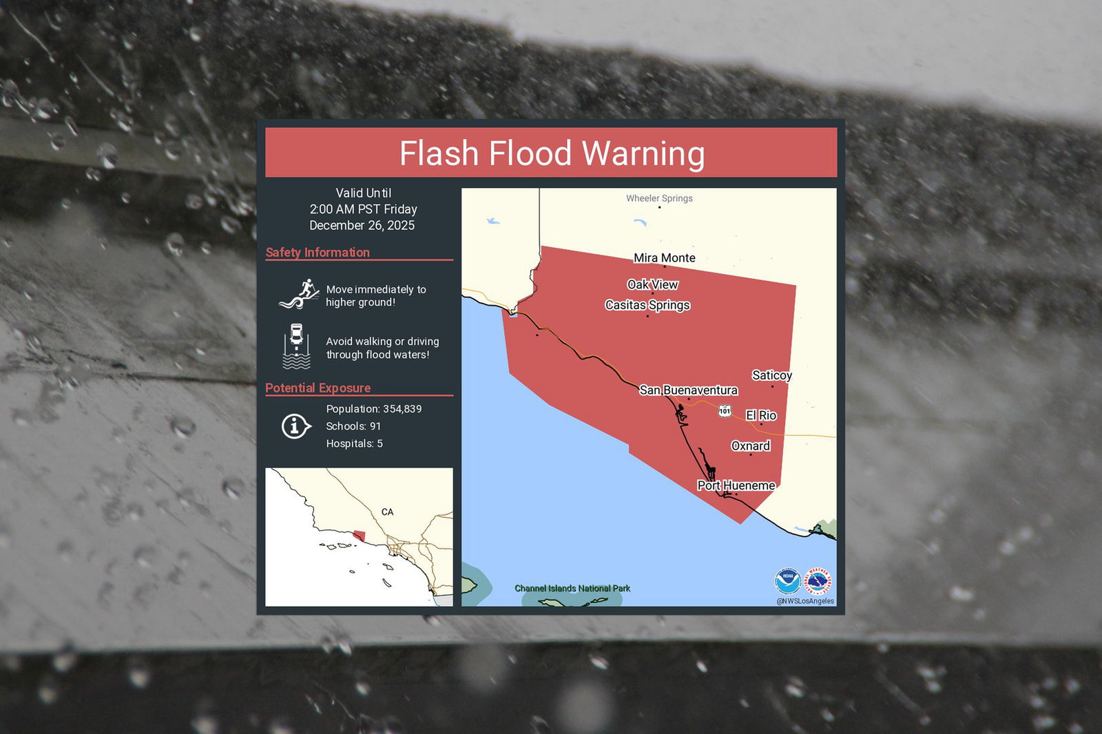 LIFE-THREATENING FLASH FLOOD WARNING extended to 2:00 AM PST in Oxnard, Ventura, and Port Hueneme on Christmas post image