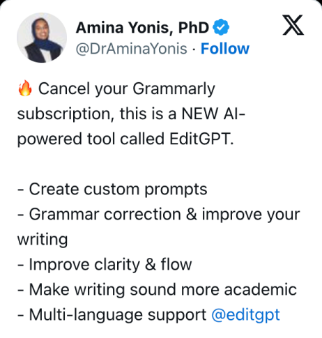 A graduate student I spoke with said: “Grammarly caught the typos, but editGPT actually made my thesis readable. It was like having an editor who understood my intent.”&nbsp;