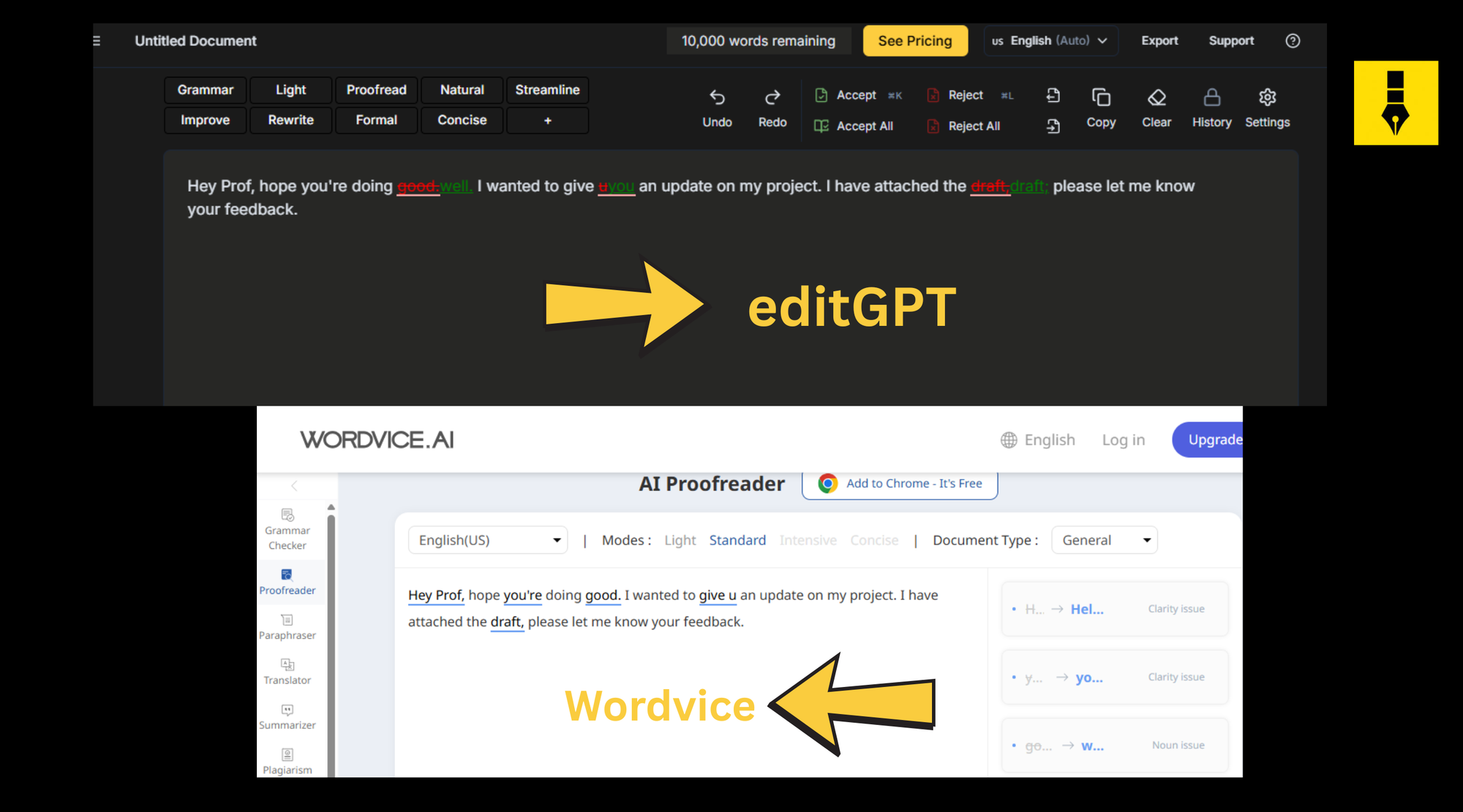 Grammar Checks: Wordvice Ai vs editGPT