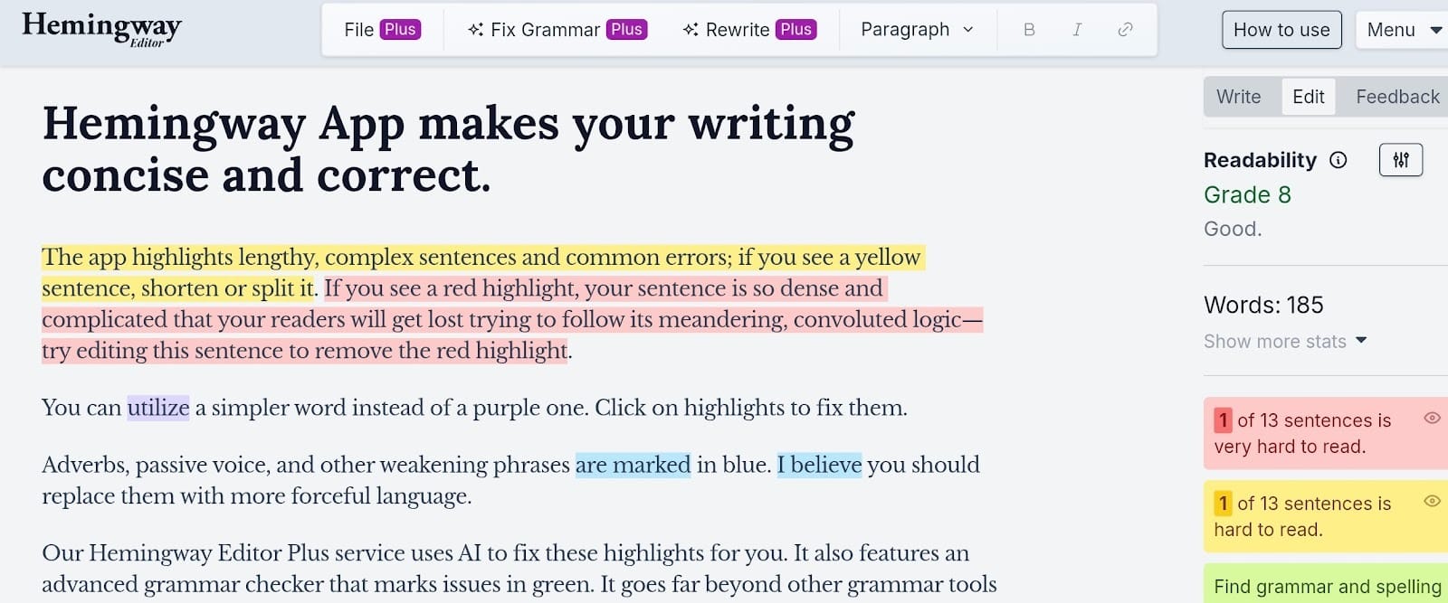 Hemingway Editor homepage showing its proofreader and paragraph corrector