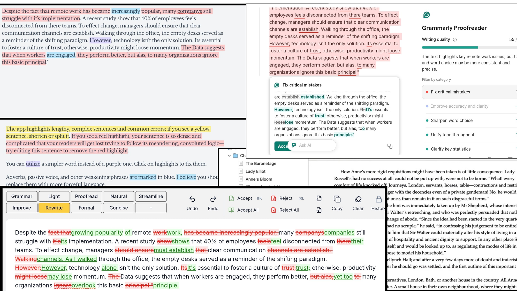 Image showing interface of AI Novel editors like Grammarly, Hemingway editor, Quillbot, Wordtune