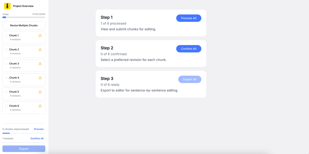 Project mode of editGPT which lets you edit your novel chapters in one go