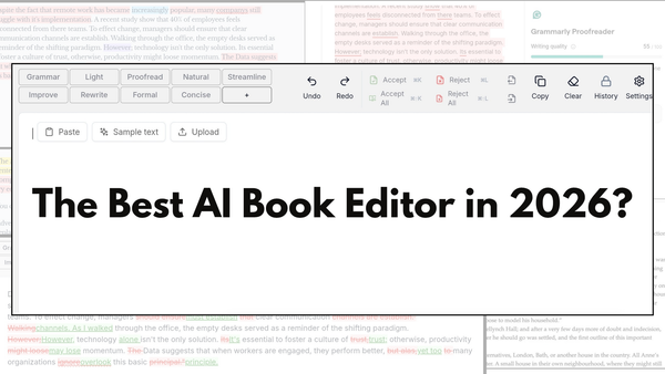 Header image showing screenshots for the best AI book editor in 2026