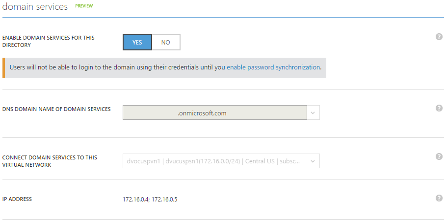 Azure AD Domain Services enabled, DNS Server IP Addresses displayed