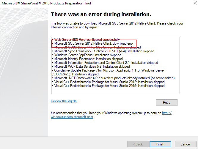 Error installing SharePoint 2016 Prerequisites on Windows Server 2016