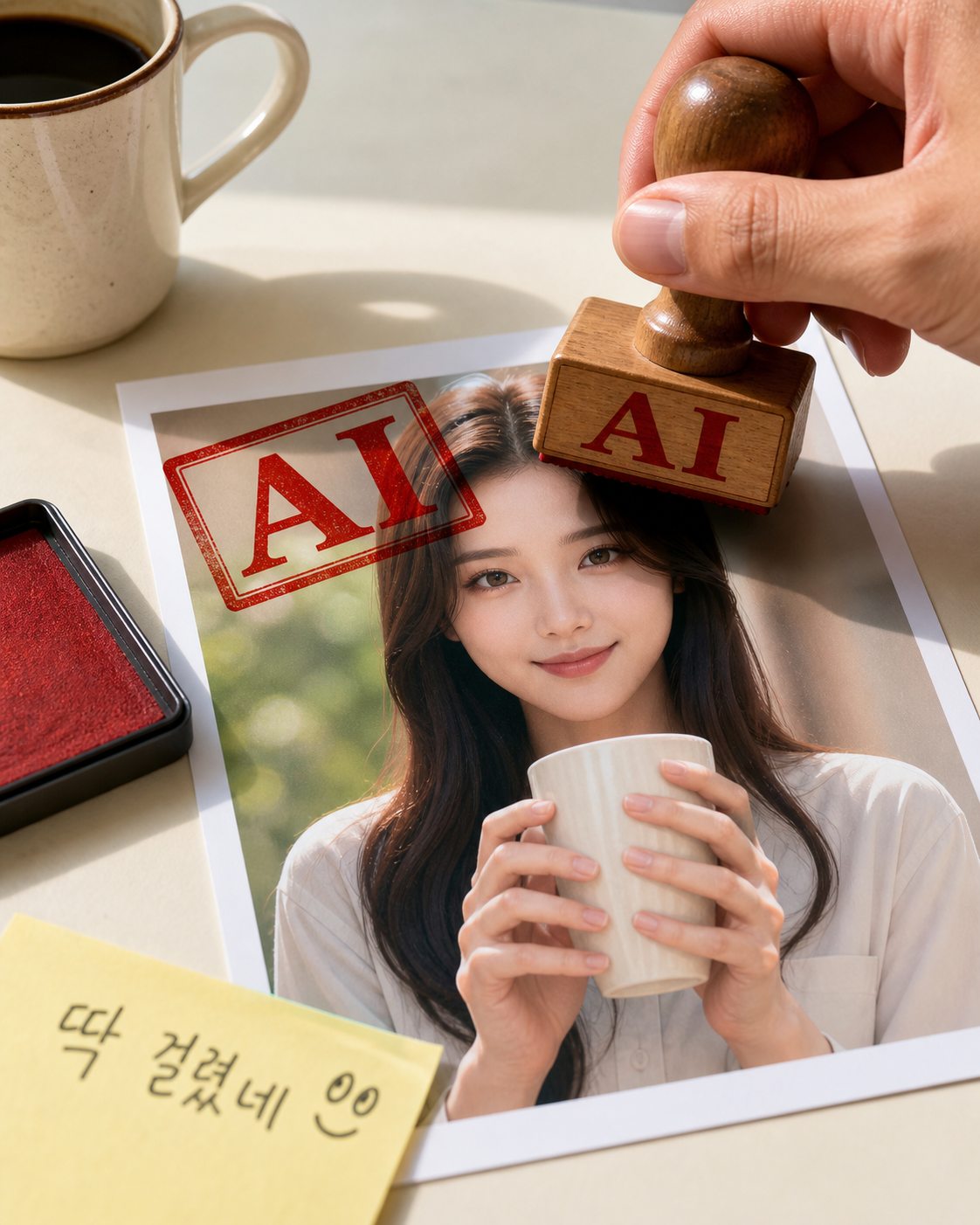 AI 모델 사진에 AI 스탬프를 찍는 손