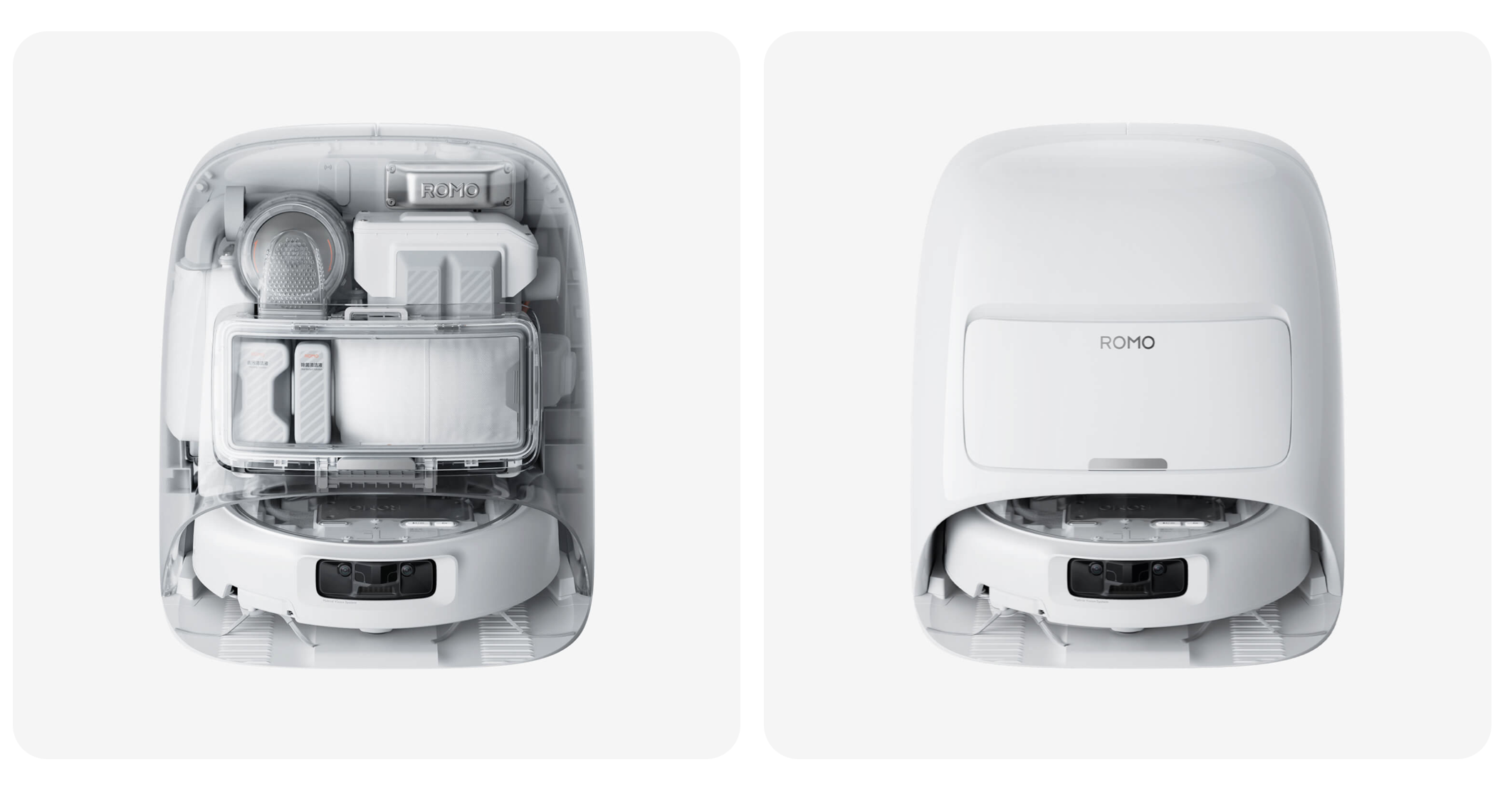 Two robot vacuums with a transparent one on the left and white one on the right.