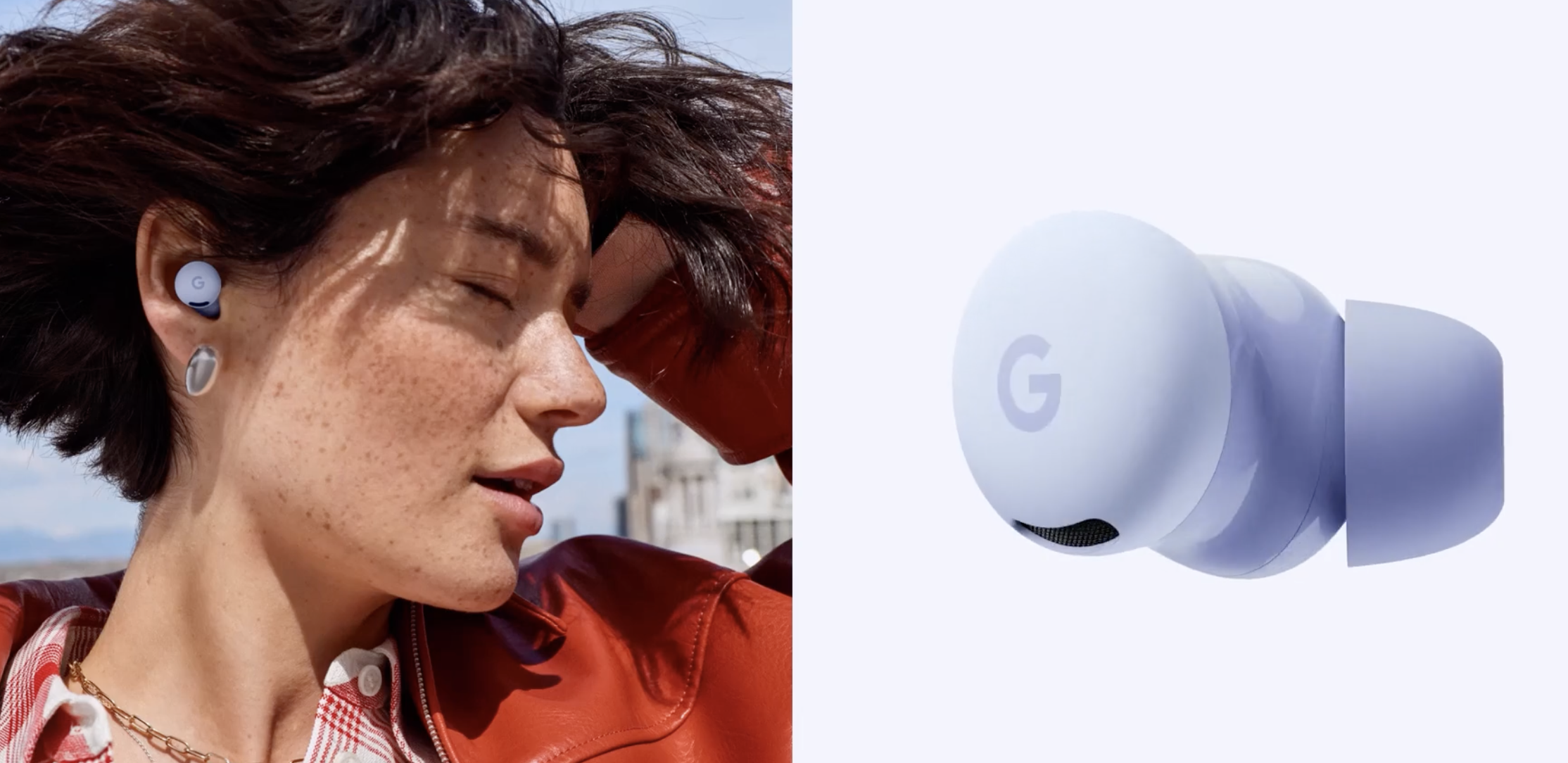 Split image showing Pixel Buds 2a in someone's ear and a close up.