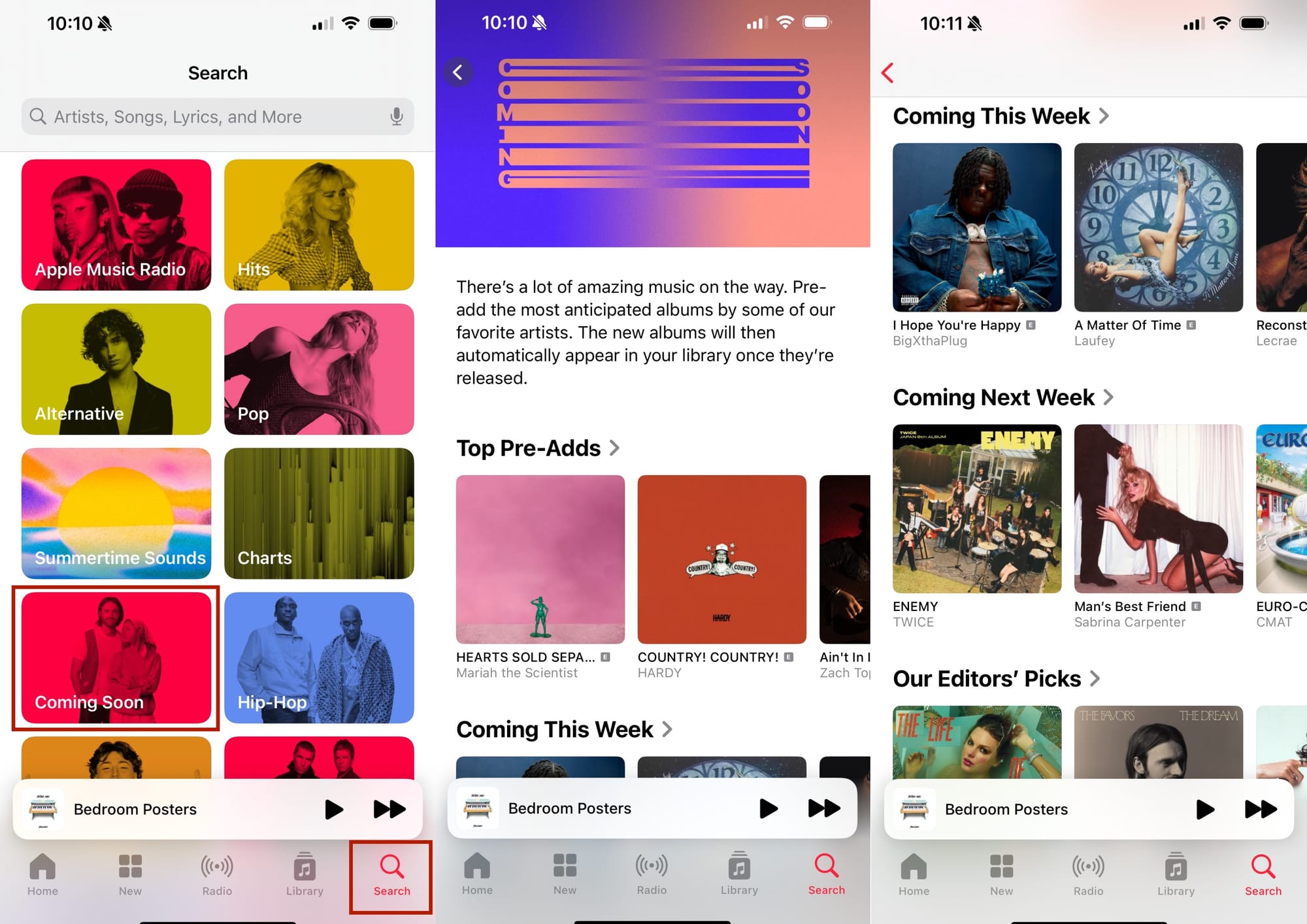 Apple Music screenshots showing Coming Soon section in the iOS app.