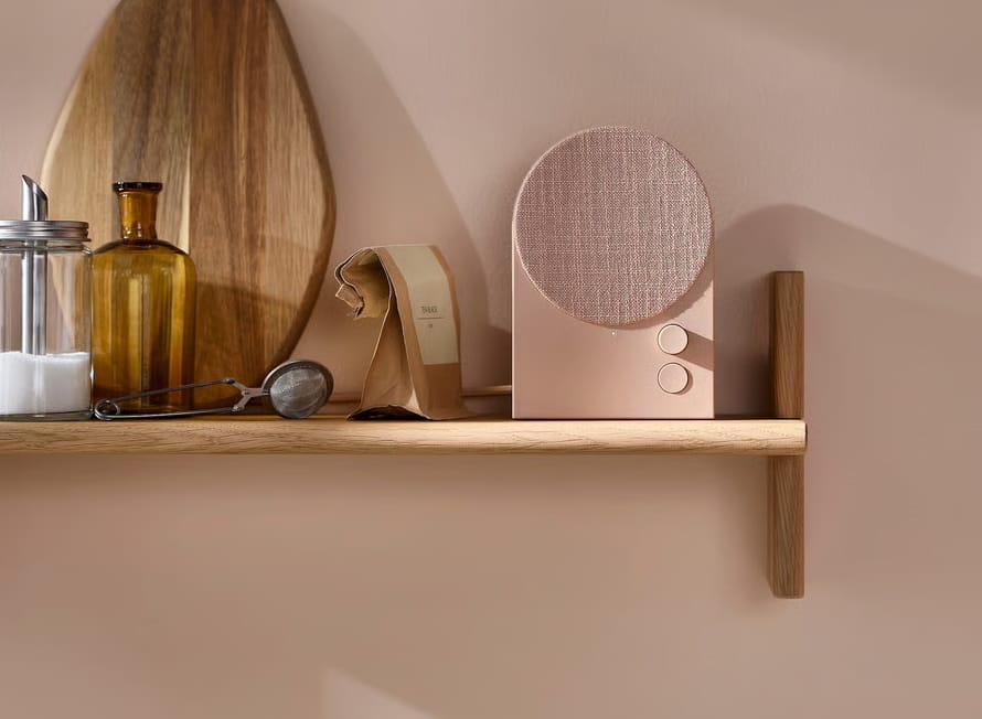 Pink speaker sitting on a shelf with kitchen gadgets around it.