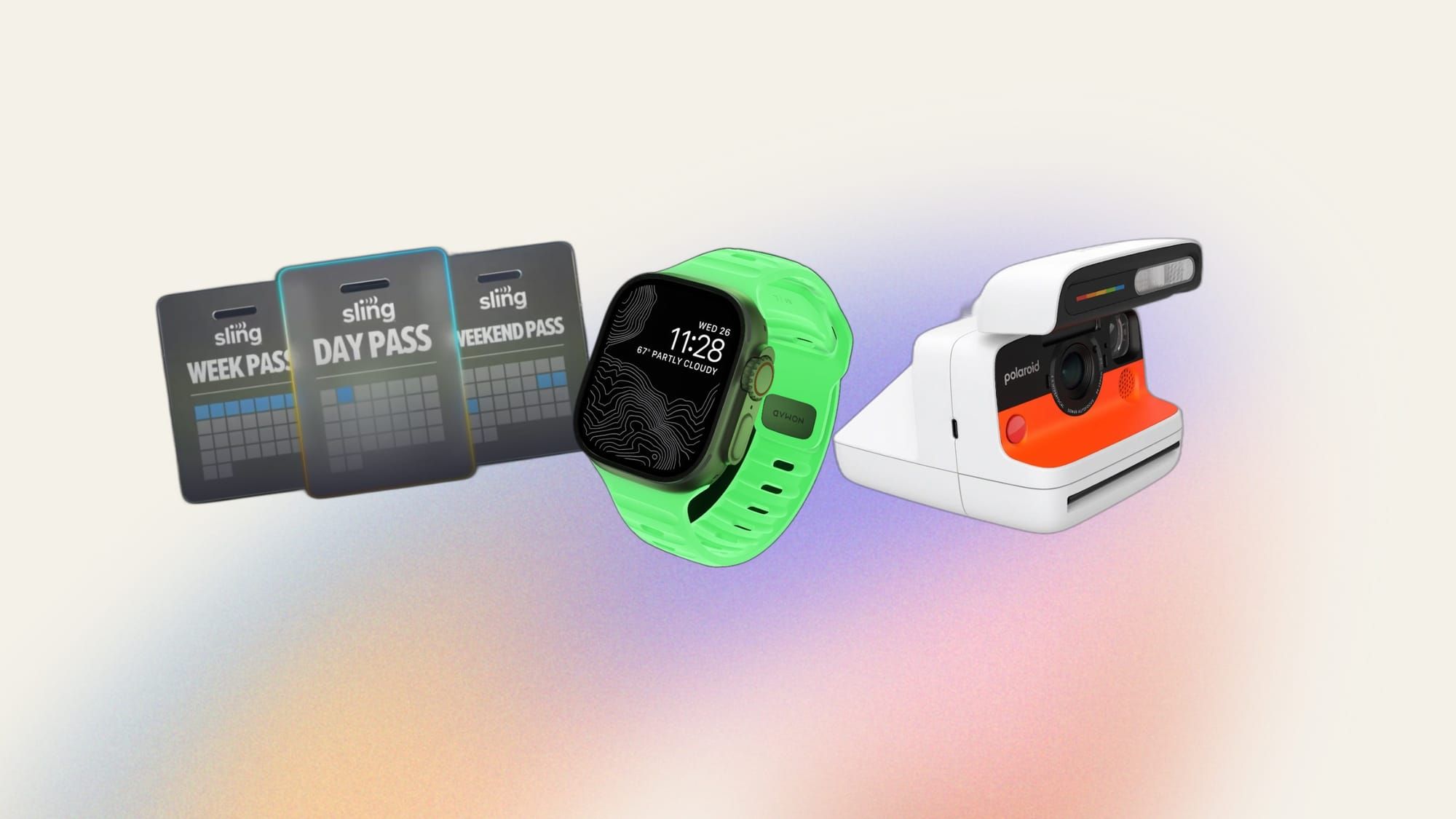 Collage featuring a watch band and instant camera.