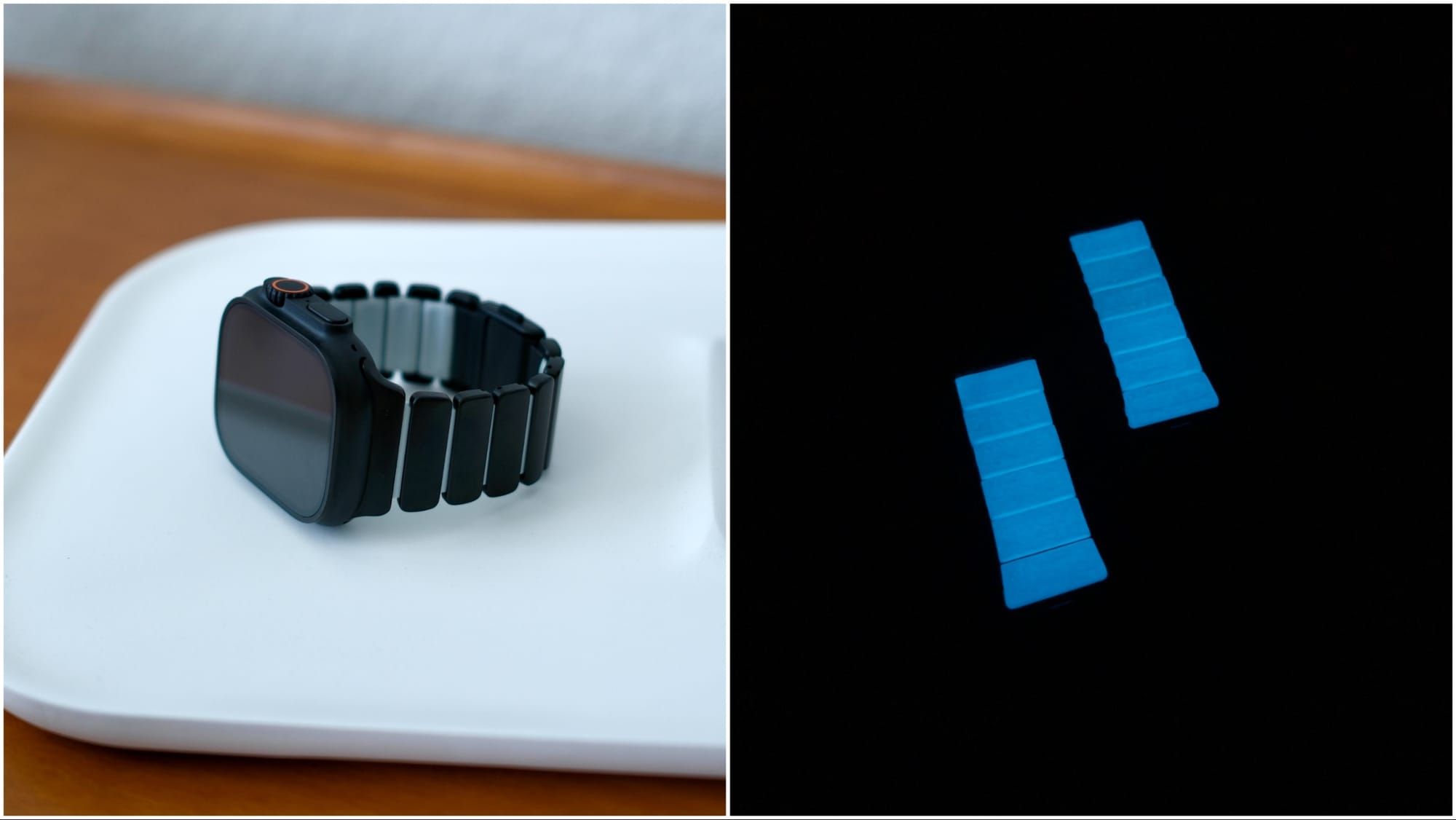 This titanium Apple Watch band glows blue in the dark