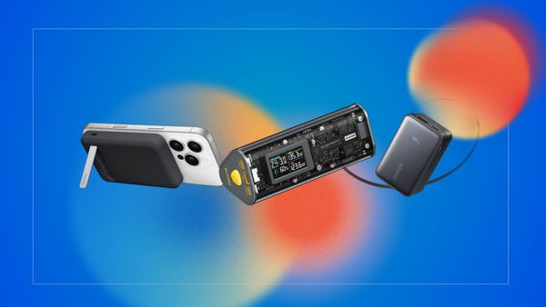 A blue background with three power banks on top.