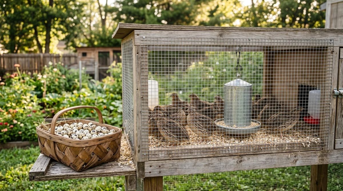 Raised wooden quail hutch with wire mesh sides in a backyard garden, a basket of speckled quail eggs beside it
