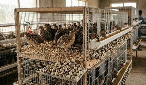 Wire cage rack of Coturnix quail with a tray of collected speckled eggs below