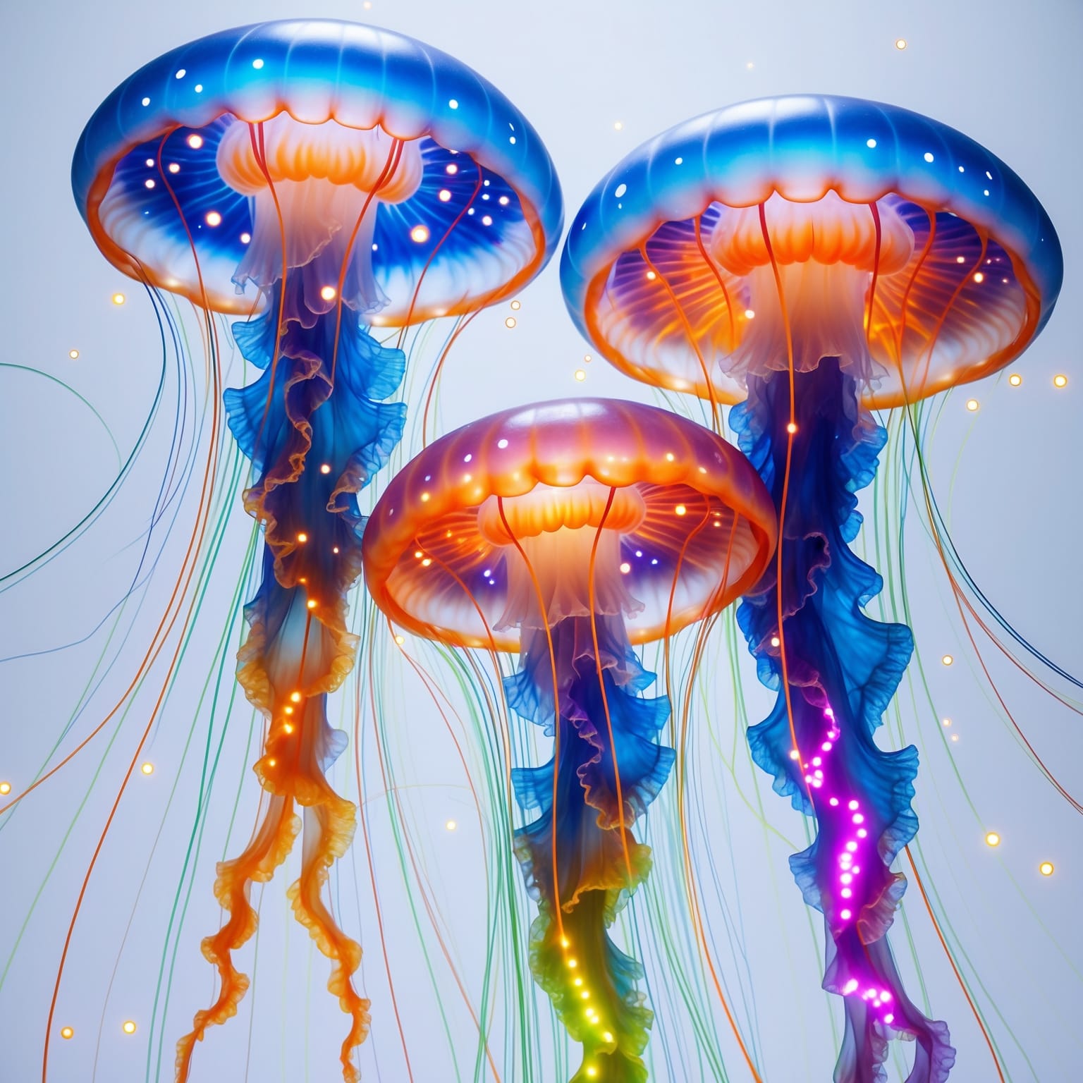 Bioluminescent jellyfish trio with electric-blue bells and ember-orange tendrils, evoking deep-sea midwater fauna