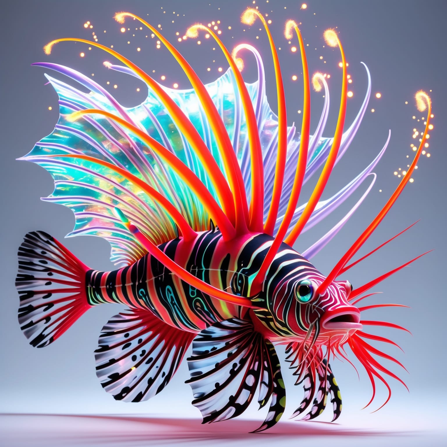 Bioluminescent lionfish illustration with iridescent finned spines on a pale ground — visual reference for fashion-print interpretations of deep-sea fauna