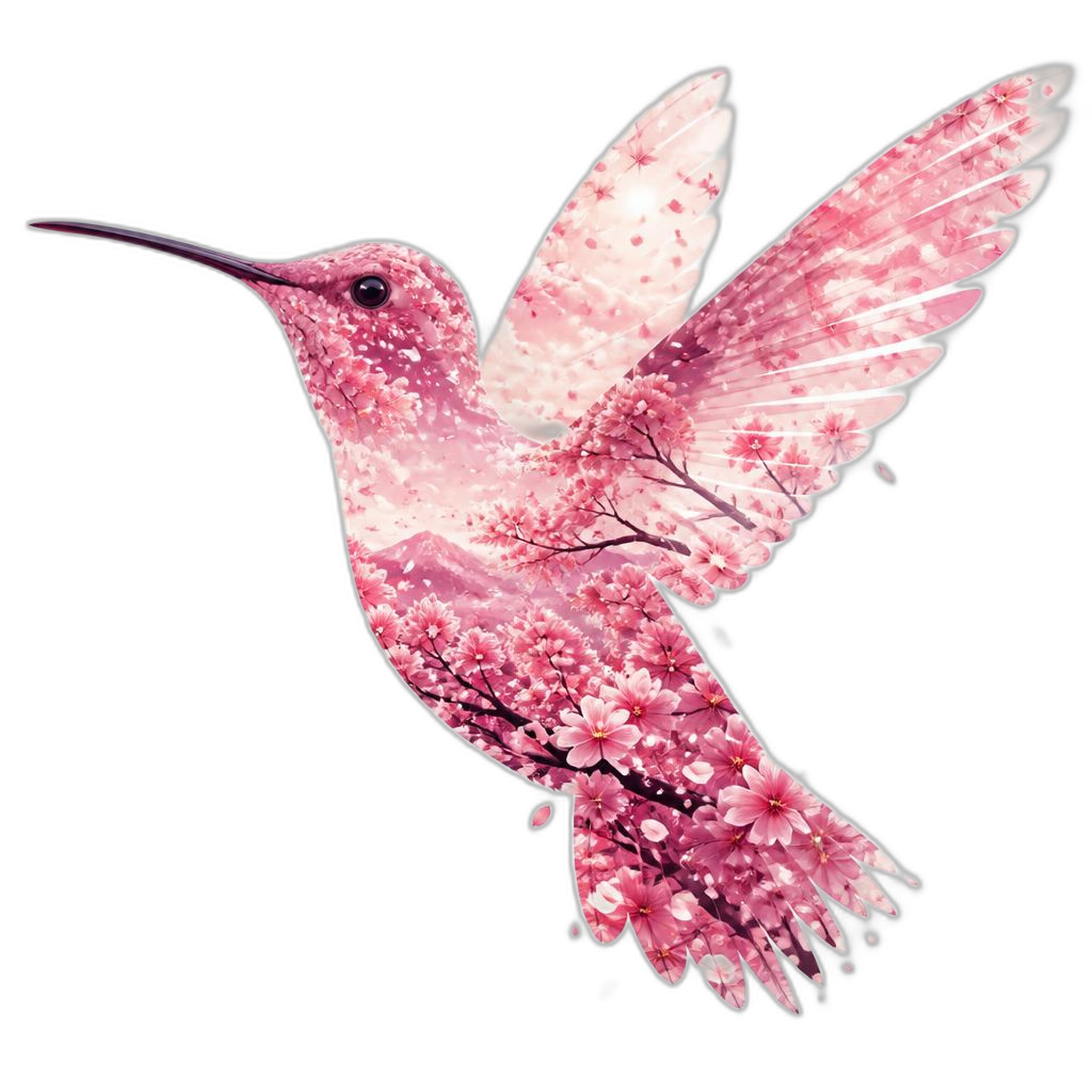 Double-exposure art of a hummingbird silhouette filled with sakura cherry blossom branches, nature fusion artwork