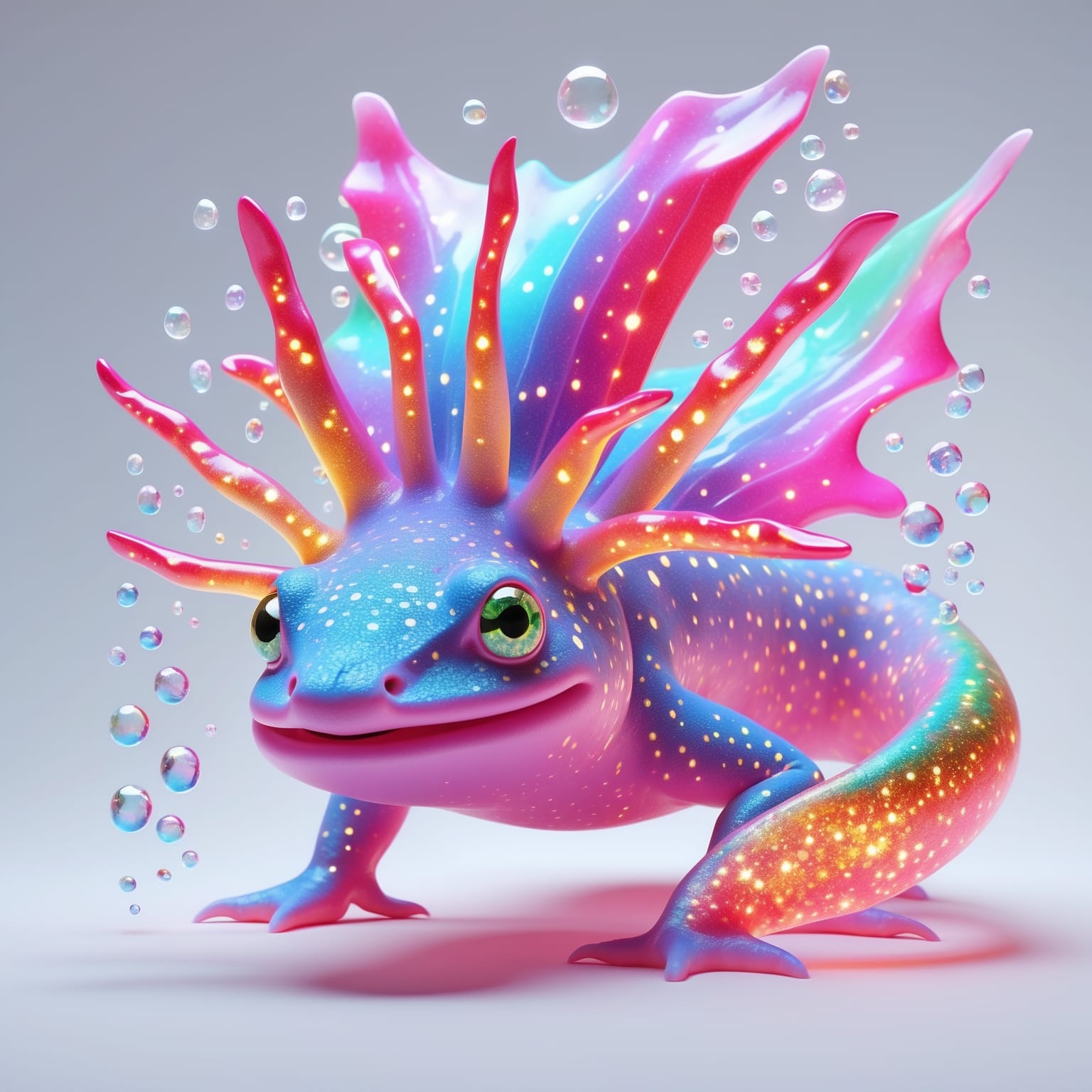 Iridescent axolotl creature with rainbow-glow gill fronds and sparkle-dust skin, on a pale background — visual code reference for the abyssal aesthetic