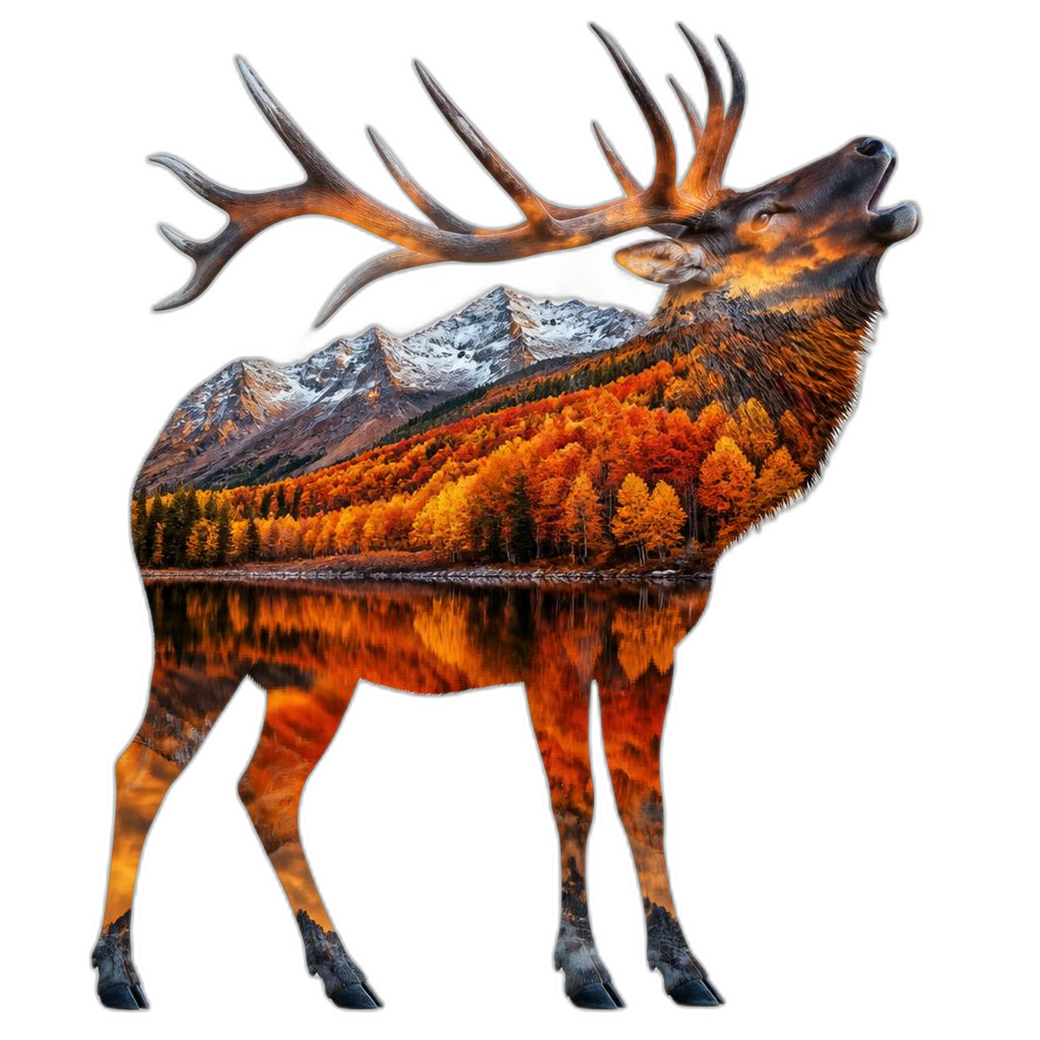 Double-exposure art of an elk silhouette containing a golden-hour mountain landscape, wildlife and terrain merged in one image