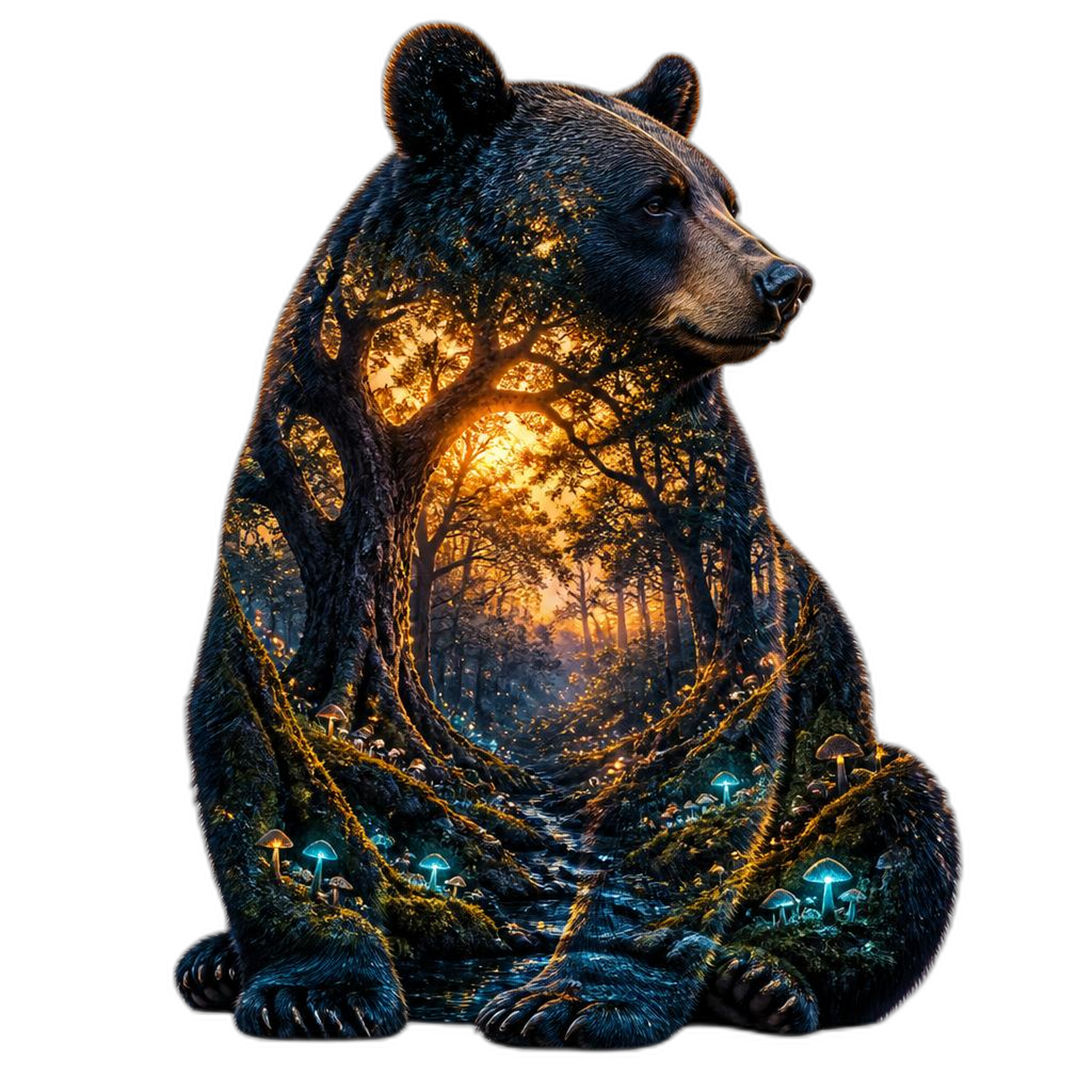 Double-exposure art of a bear silhouette filled with a glowing mycelial mushroom forest, cosmic wildlife design