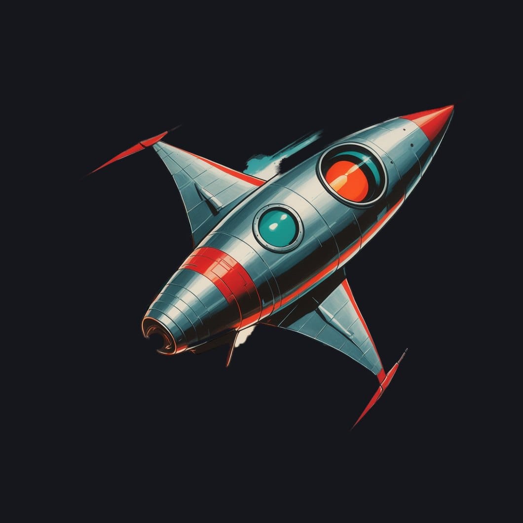 Painterly atompunk illustration of a finned silver rocket ship in 1950s pulp-cover style