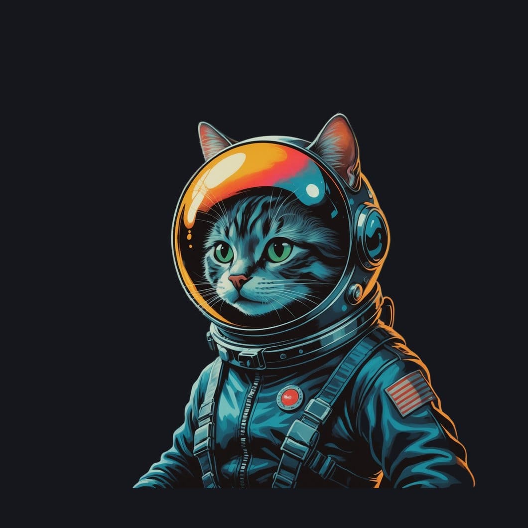 Brave housecat wearing a round bubble space helmet, painterly atompunk pulp style