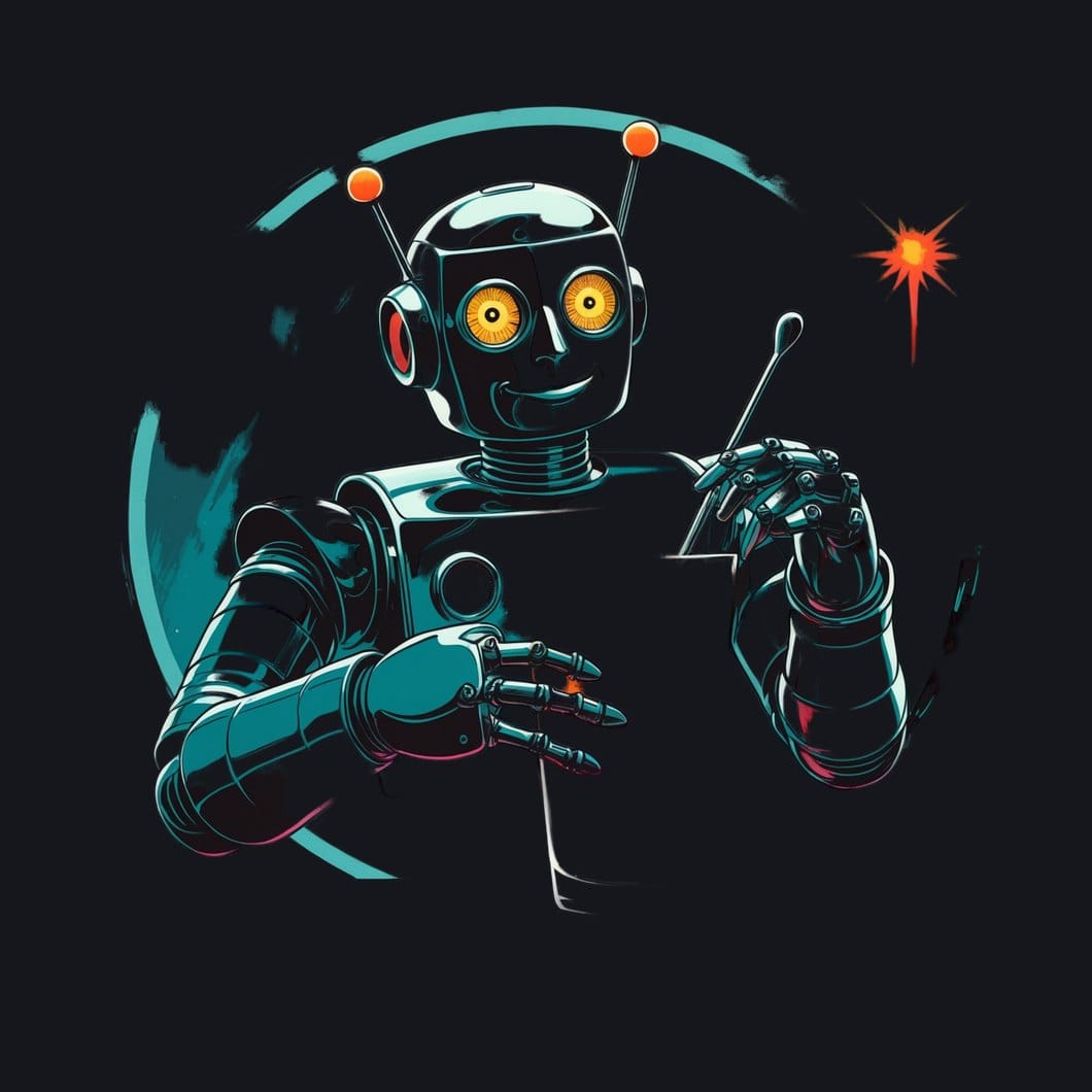 Boxy chrome retro robot bartender with a domed head shaking a cocktail, atompunk style