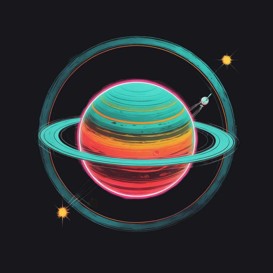 Luminous Saturn-like ringed planet with banded clouds in atompunk pulp style