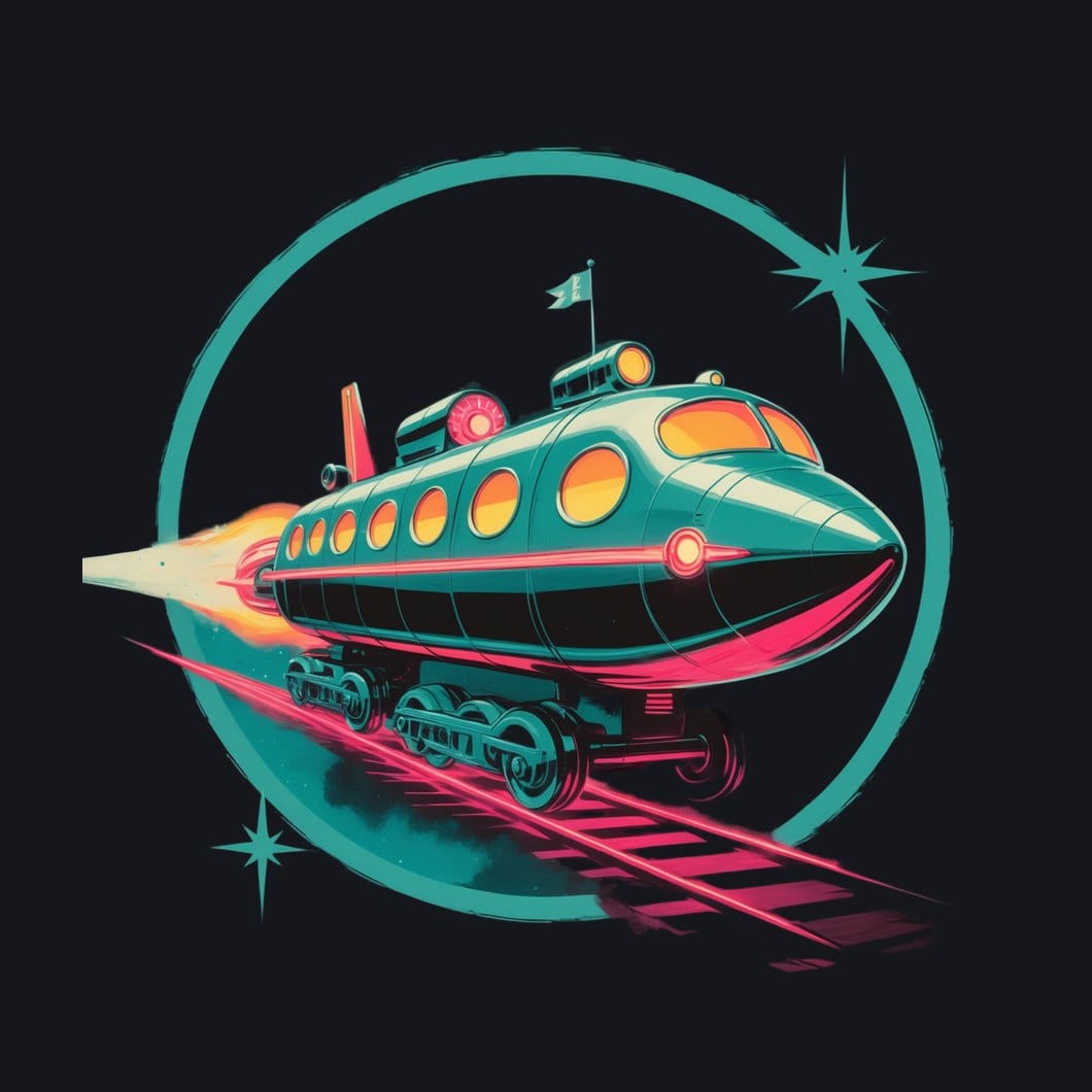 Atompunk space diner shaped like a chrome rocket, rendered in lurid pulp colors