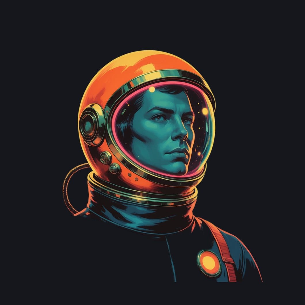 Heroic atompunk space explorer bust in a rounded retro helmet, painterly pulp-cover style