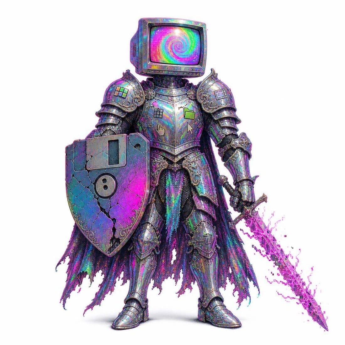 Illustration of a chrome knight whose head is a glowing CRT monitor showing a color-test pattern, holding a floppy-disk shield