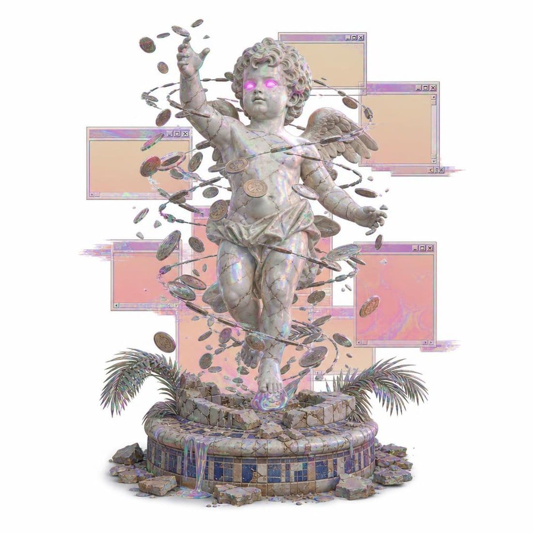 Surreal illustration of a marble mall-fountain cherub levitating among floating Y2K browser windows, dreamcore aesthetic