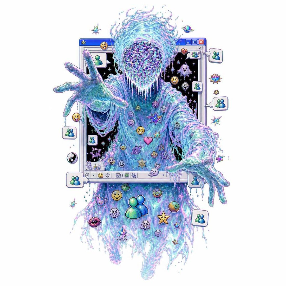 Translucent specter figure made of CRT static emerging from an early-2000s instant-messenger chat window surrounded by buddy icons