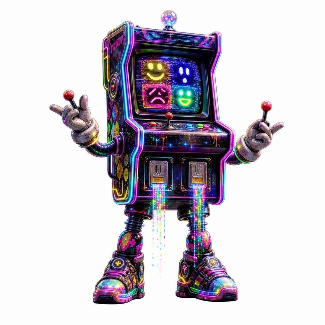 Holographic illustration of an anthropomorphic 1990s arcade cabinet character standing alone, from the Liminal Arcade collection