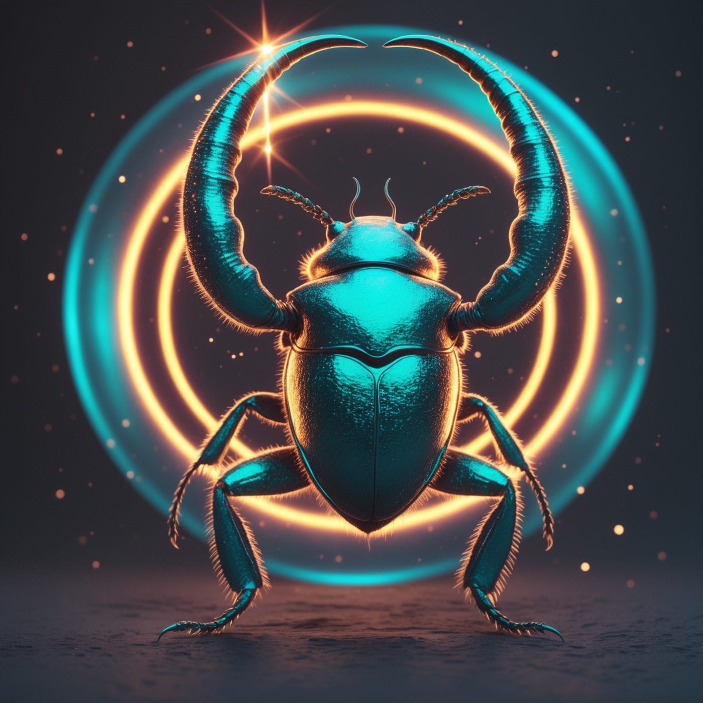 A Hercules beetle haloed in vivid colour, an emblem of main-character energy