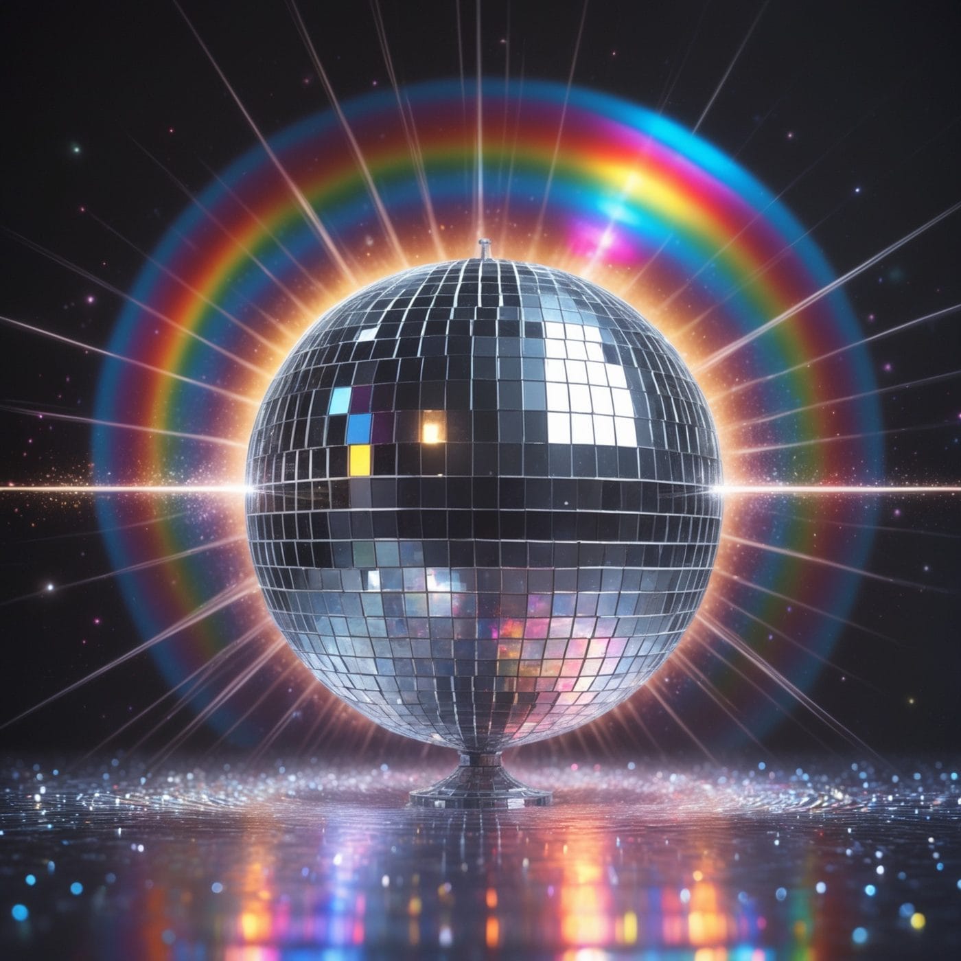 A mirrored disco ball radiating a rainbow aura against a dark backdrop