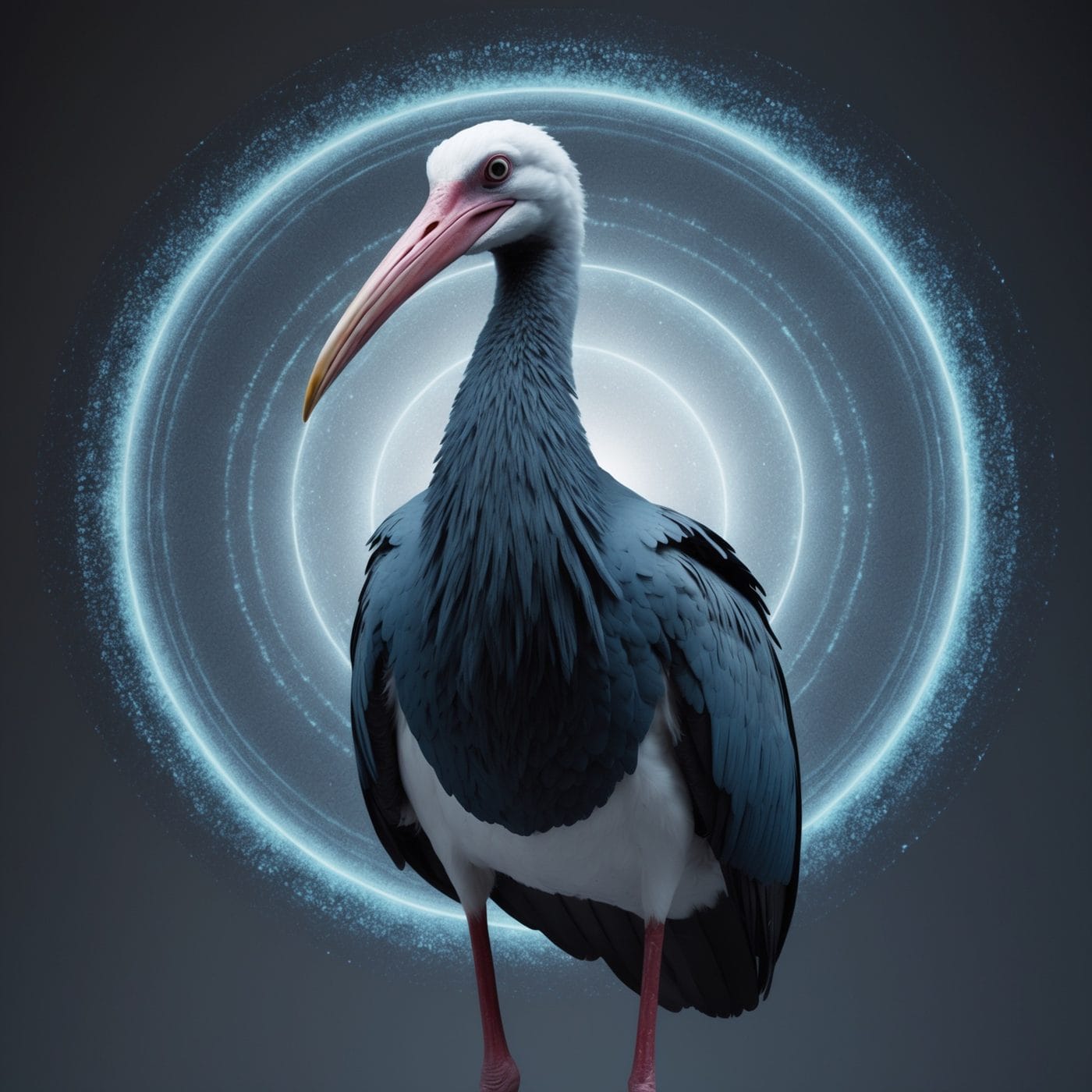 A shoebill stork holding a still, intimidating stare inside a glowing ring of light