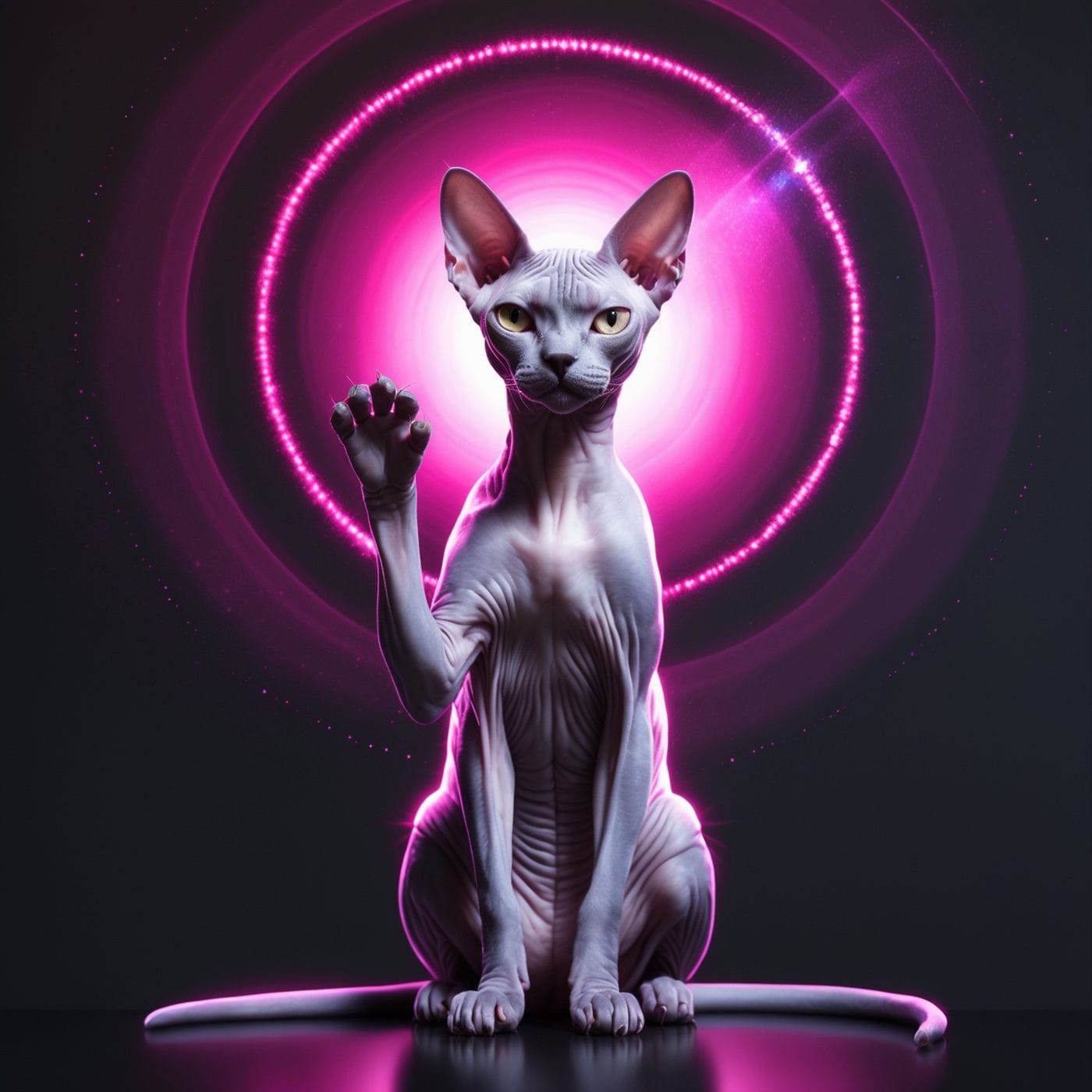 A sphynx cat rendered inside a violet aura halo, channeling villain-era energy