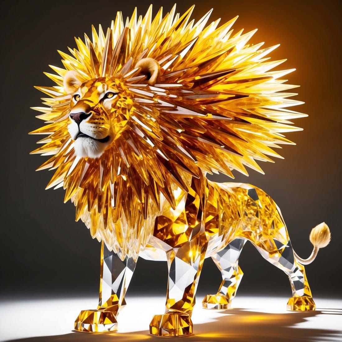Digital artwork of a lion with mane of golden citrine crystal spikes radiating amber light